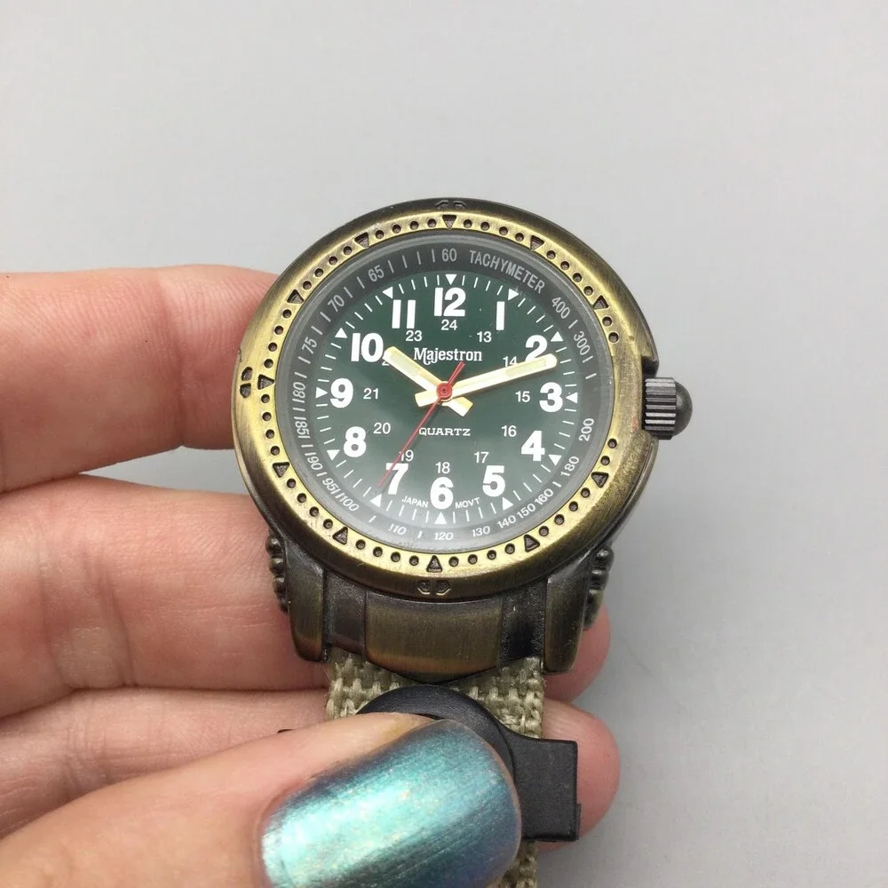 Majestron Key Ring Watch Mens 37mm Green Dial Brass Tone Compass New Battery